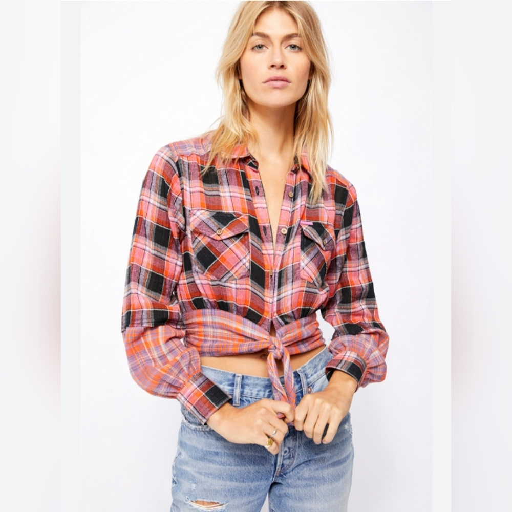 We The Free First Bloom Pink Black Plaid Combo Tie-Front Shirt